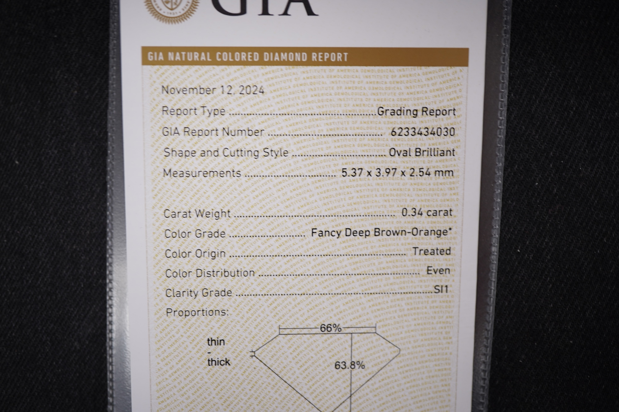 An unmounted Fancy Deep Brown-Orange diamond, the oval natural diamond measuring 5.3 x 3.9 x 2.5mm, with treated colour, weighing 0.34 carats, Accompanied by GIA report no. 6233434030, stating that the Fancy Deep Brown-O